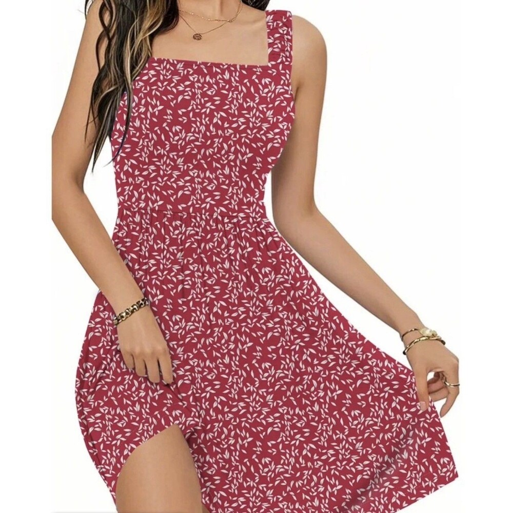 Size S UVN Red Leaf Print Tank Dress with Pockets NWT